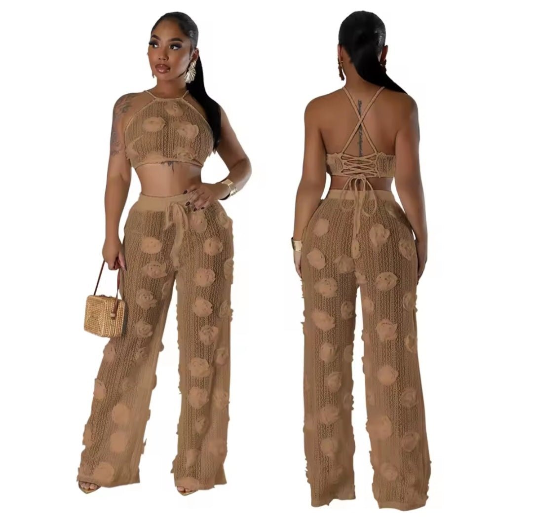 Sexy Crop Mesh Tops Two Piece Pant Set – Women's Y2K Streetwear Elegant Flower Summer Outfit - GLITCH - BELLE