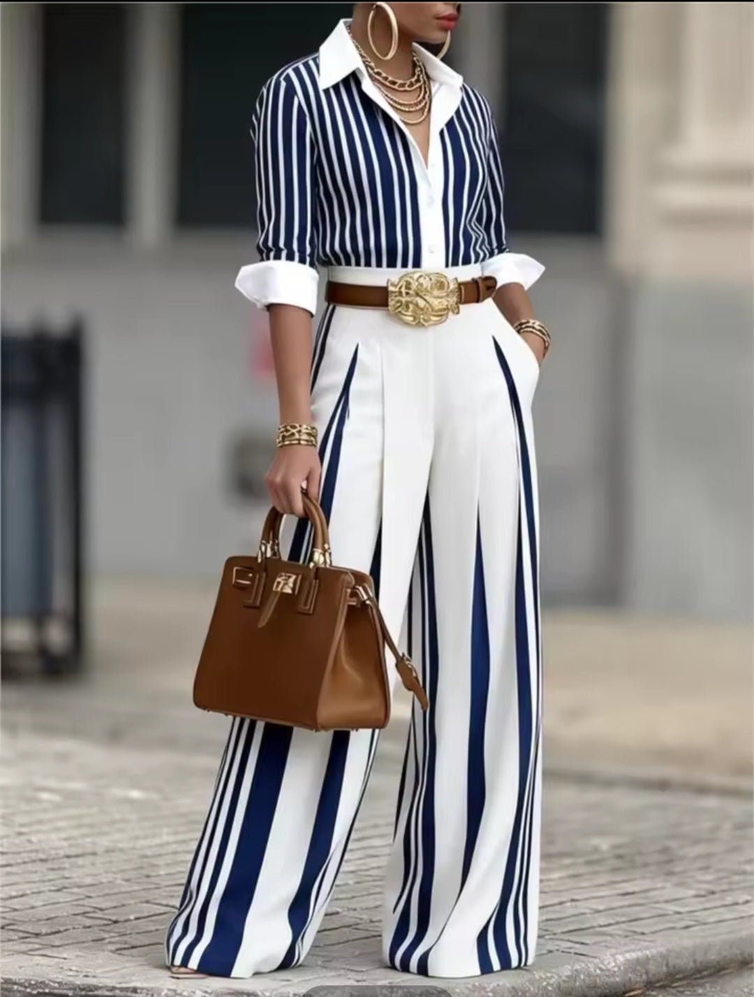 Striped Long Sleeve Shirt & Wide Leg Pants 2 - Piece Set with Belt - GLITCH - BELLE