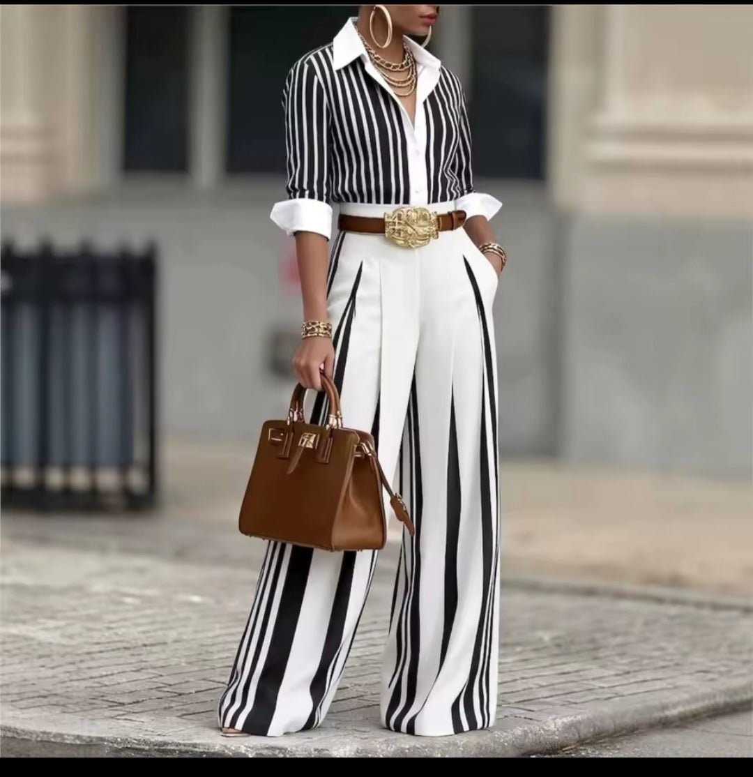 Striped Long Sleeve Shirt & Wide Leg Pants 2 - Piece Set with Belt - GLITCH - BELLE
