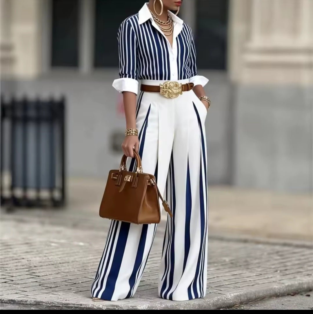 Striped Long Sleeve Shirt & Wide Leg Pants 2 - Piece Set with Belt - GLITCH - BELLE