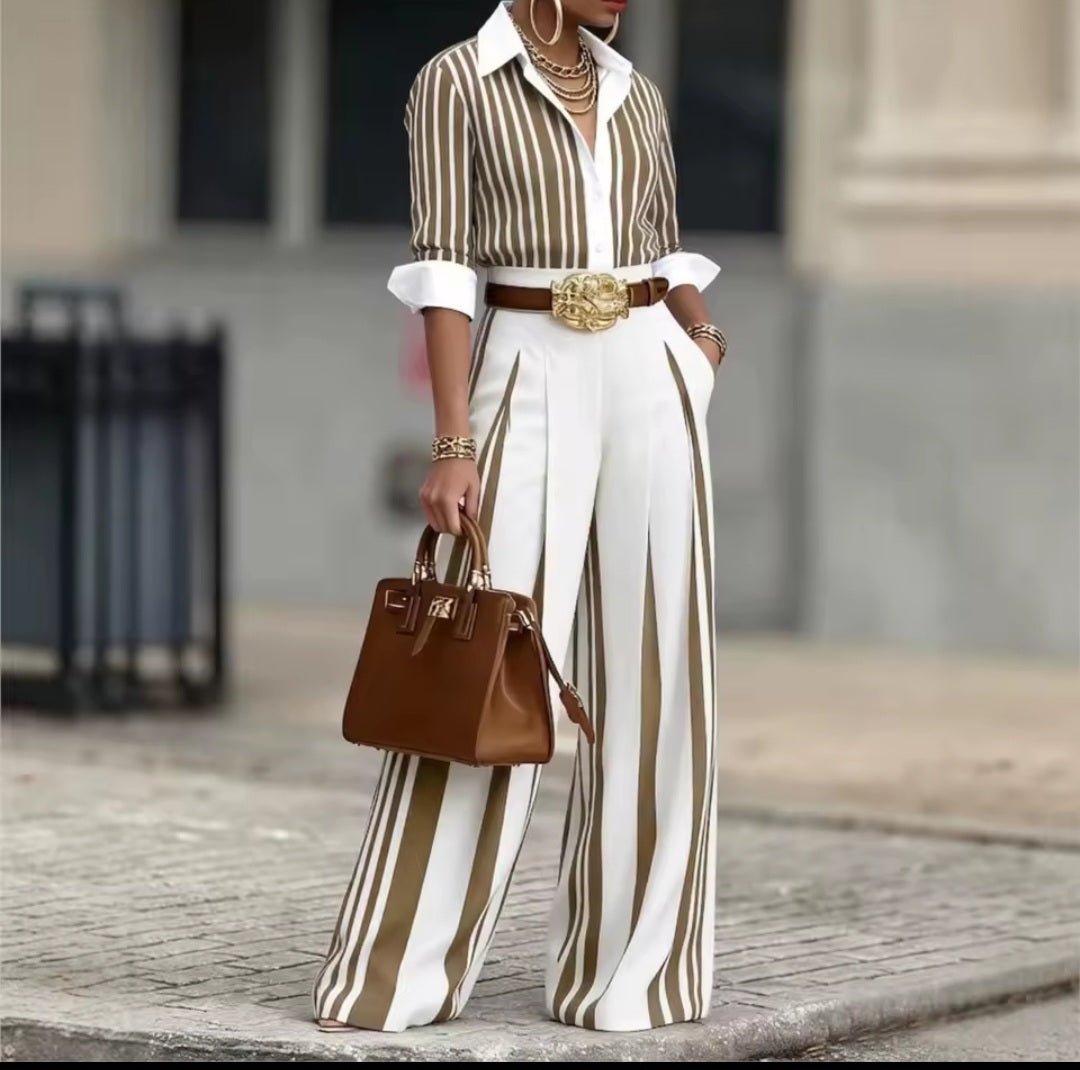 Striped Long Sleeve Shirt & Wide Leg Pants 2 - Piece Set with Belt - GLITCH - BELLE