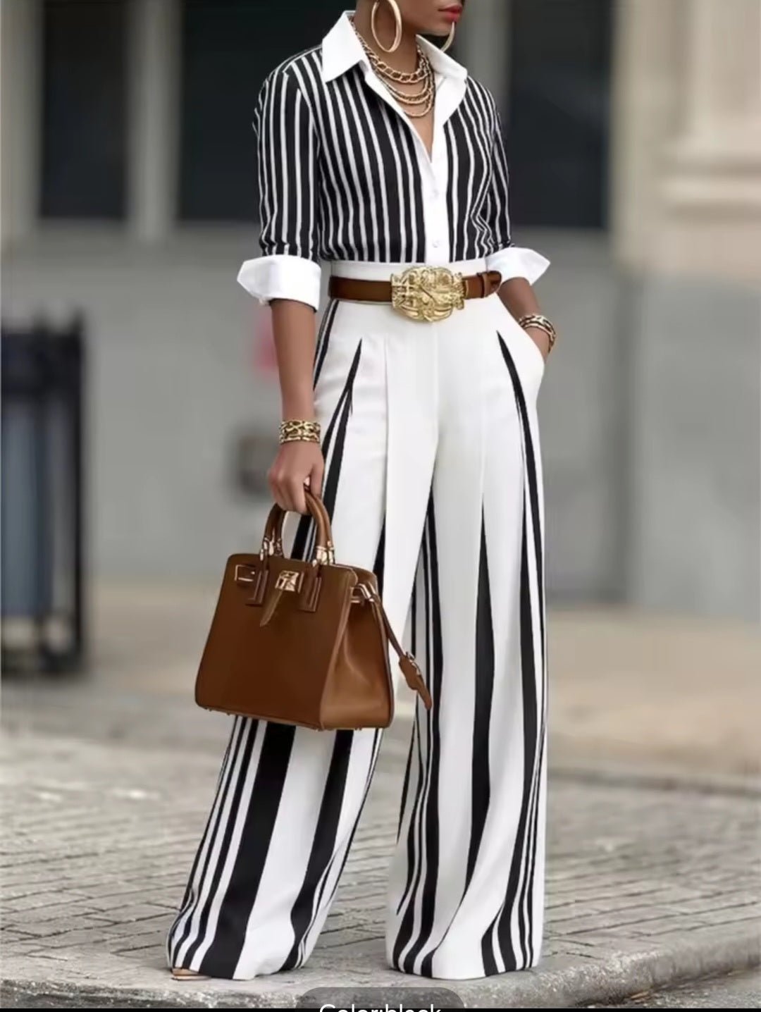 Striped Long Sleeve Shirt & Wide Leg Pants 2 - Piece Set with Belt - GLITCH - BELLE
