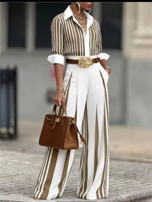 Striped Long Sleeve Shirt & Wide Leg Pants 2 - Piece Set with Belt - GLITCH - BELLE
