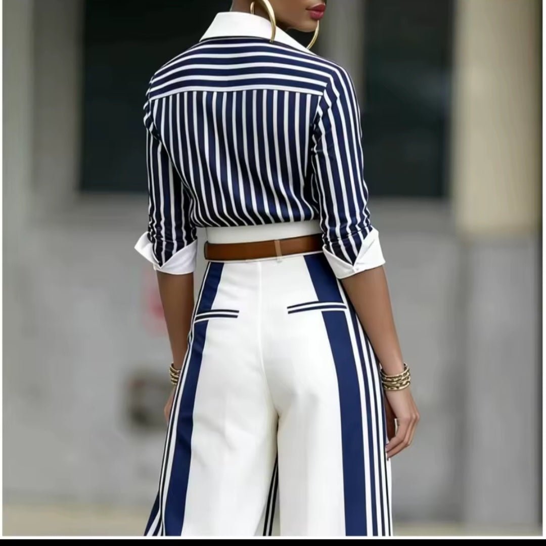 Striped Long Sleeve Shirt & Wide Leg Pants 2 - Piece Set with Belt - GLITCH - BELLE