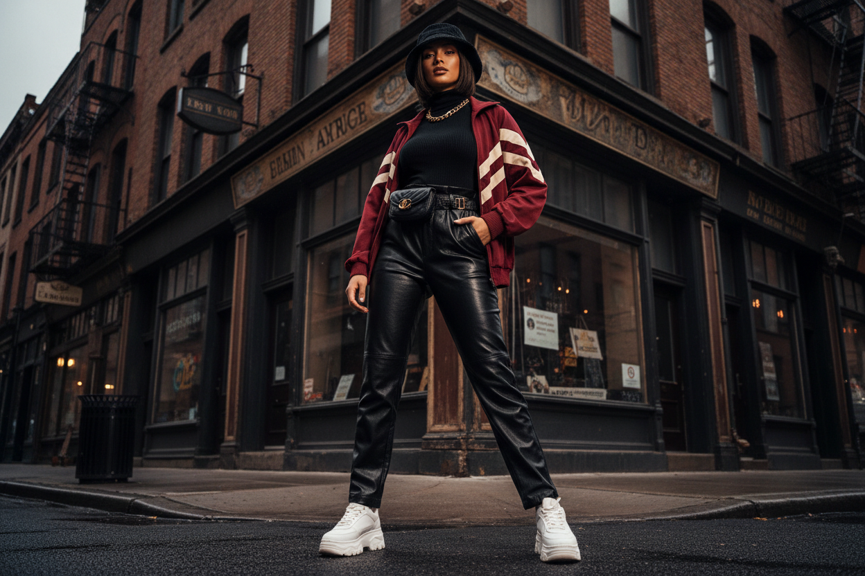 Person wearing a red and white jacket, black leather pants, and white sneakers standing in front of a brick building.