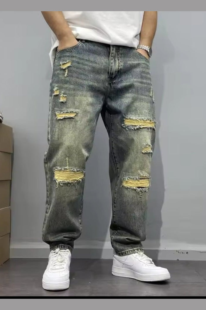 Washed Retro Distressed Patched Jeans – Men's Loose High Street Pants - GLITCH-BELLE