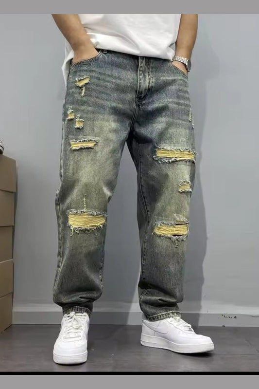 Washed Retro Distressed Patched Jeans – Men's Loose High Street Pants - GLITCH-BELLE