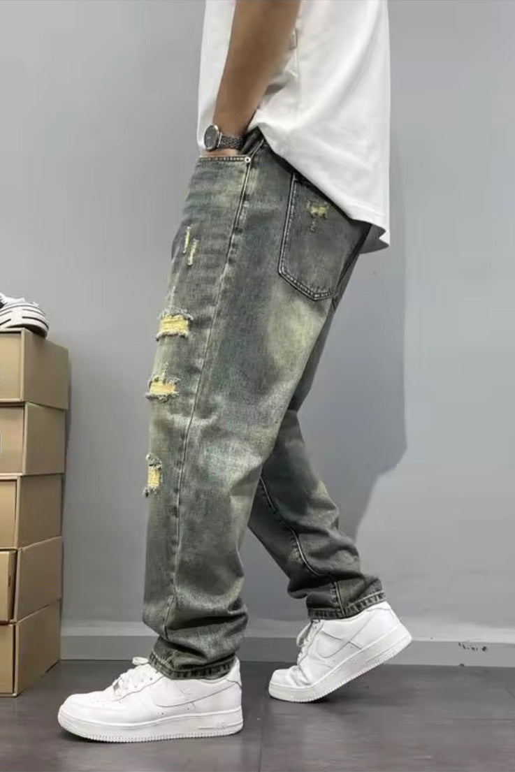 Washed Retro Distressed Patched Jeans – Men's Loose High Street Pants - GLITCH-BELLE