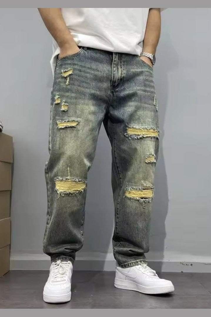 Washed Retro Distressed Patched Jeans – Men's Loose High Street Pants - GLITCH-BELLE