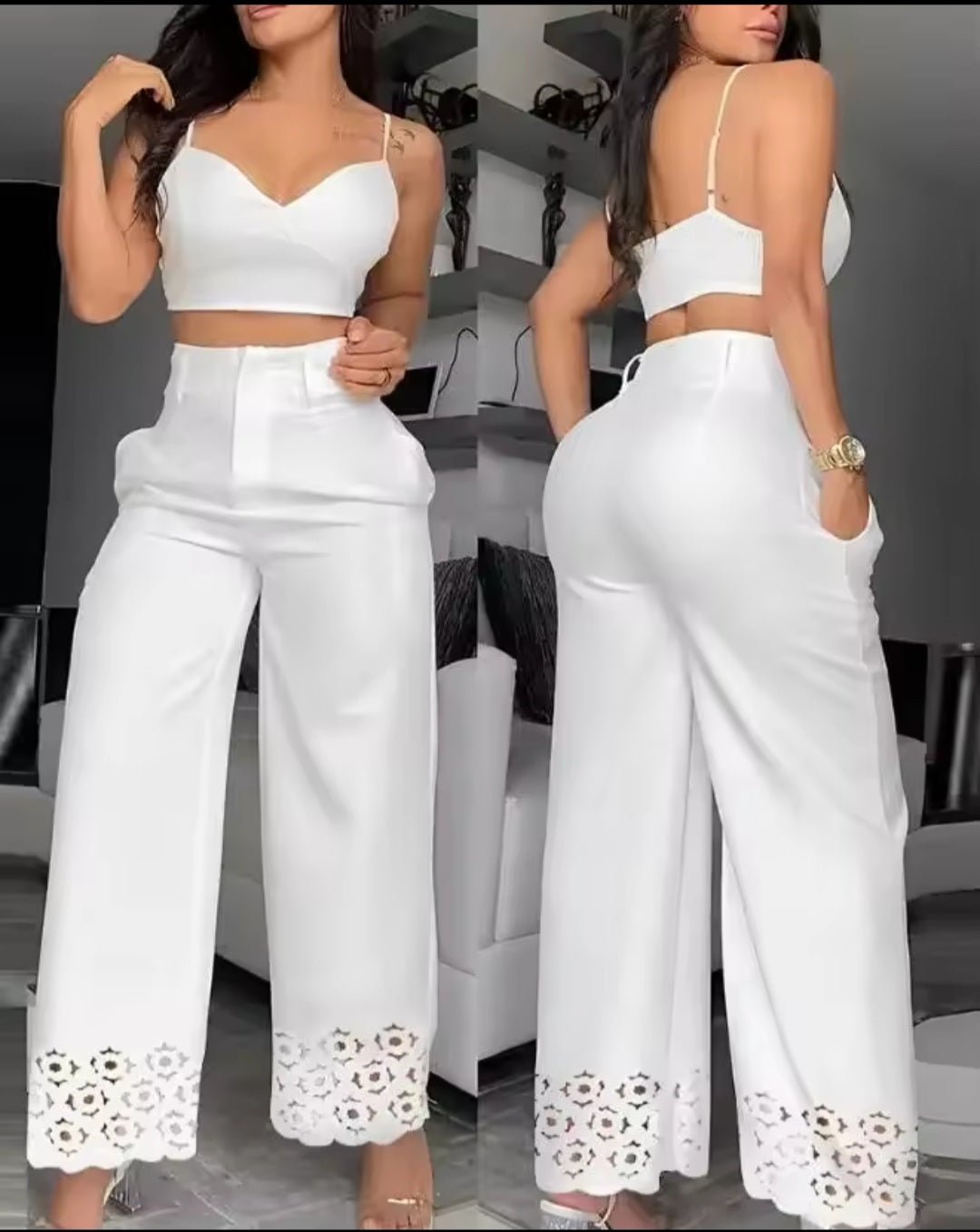 White Hollow Out Wide Leg Pants & Cami Crop Top Two - Piece Set - GLITCH - BELLE