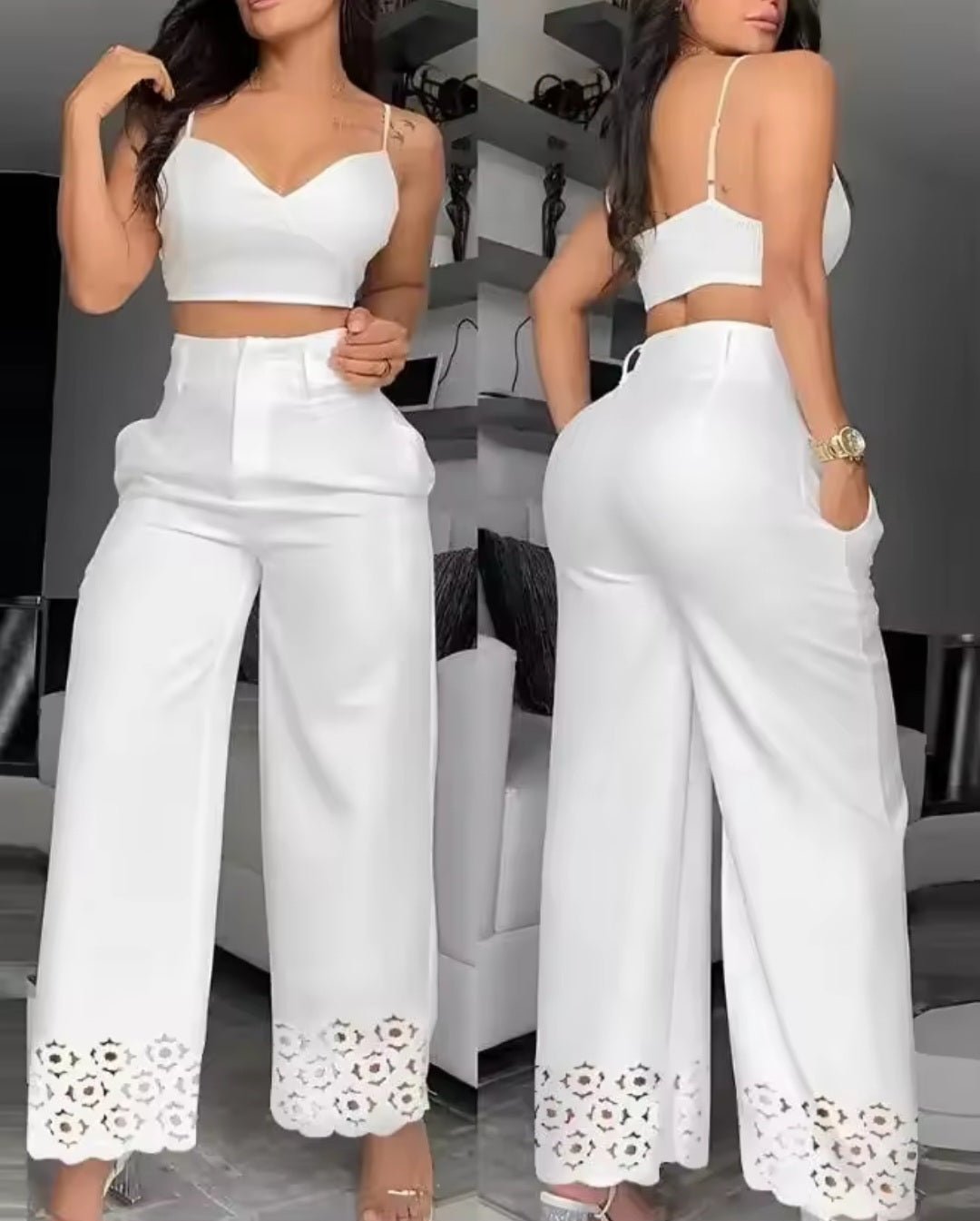 White Hollow Out Wide Leg Pants & Cami Crop Top Two - Piece Set - GLITCH - BELLE