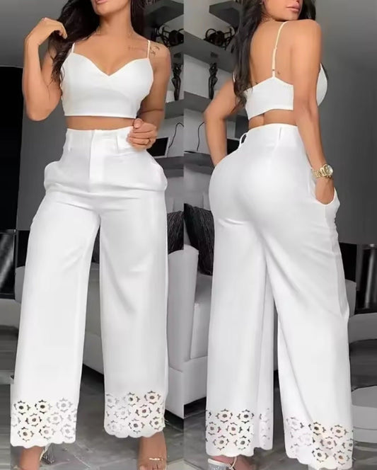 White Hollow Out Wide Leg Pants & Cami Crop Top Two - Piece Set - GLITCH - BELLE