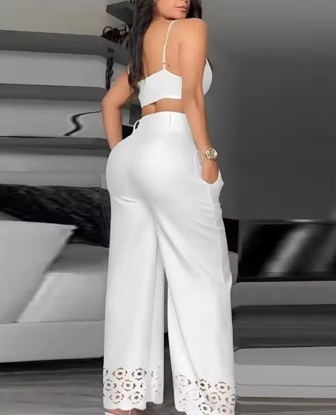 White Hollow Out Wide Leg Pants & Cami Crop Top Two - Piece Set - GLITCH - BELLE