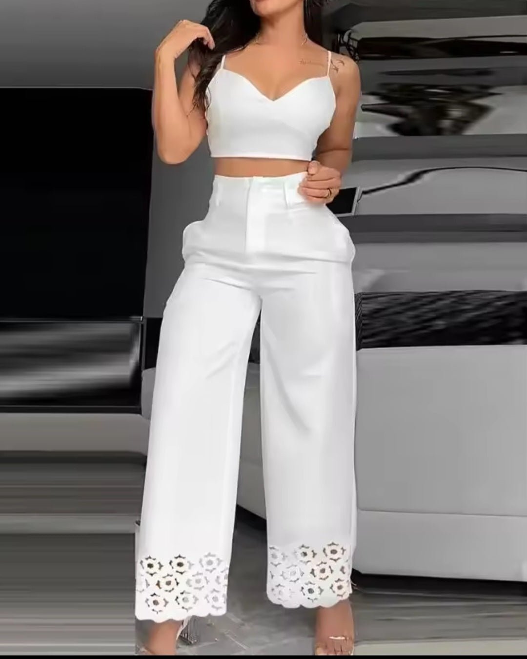 White Hollow Out Wide Leg Pants & Cami Crop Top Two - Piece Set - GLITCH - BELLE