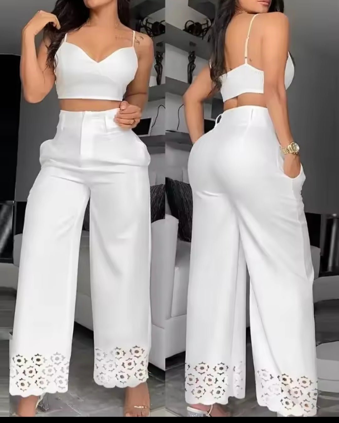 White Hollow Out Wide Leg Pants & Cami Crop Top Two - Piece Set - GLITCH - BELLE