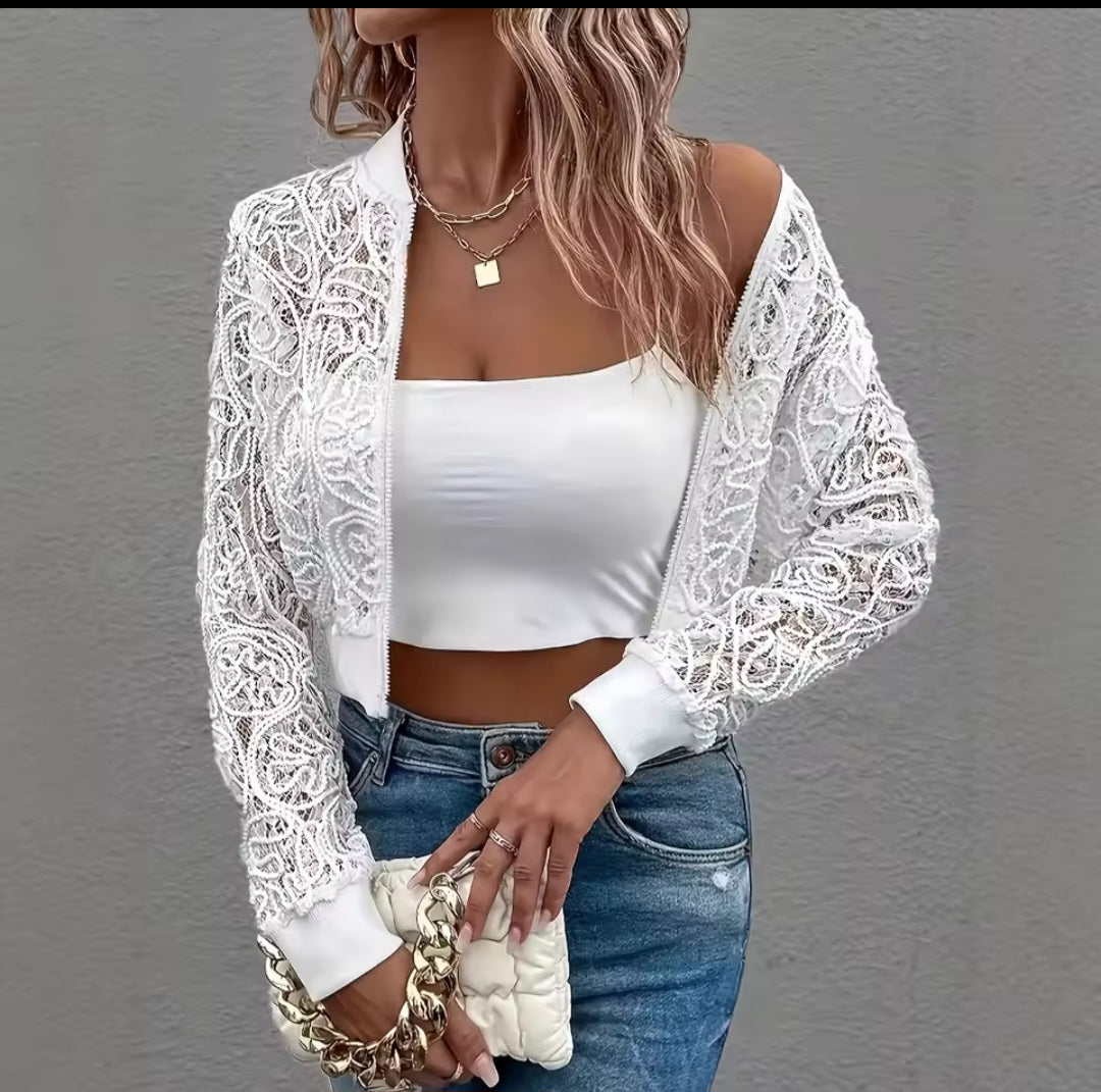 White Lace Zipper Cardigan Jacket - GLITCH - BELLE