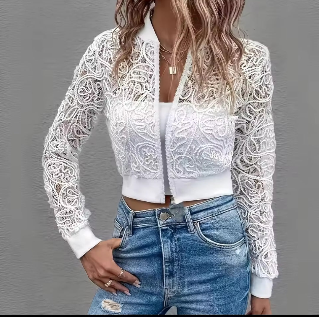 White Lace Zipper Cardigan Jacket - GLITCH - BELLE
