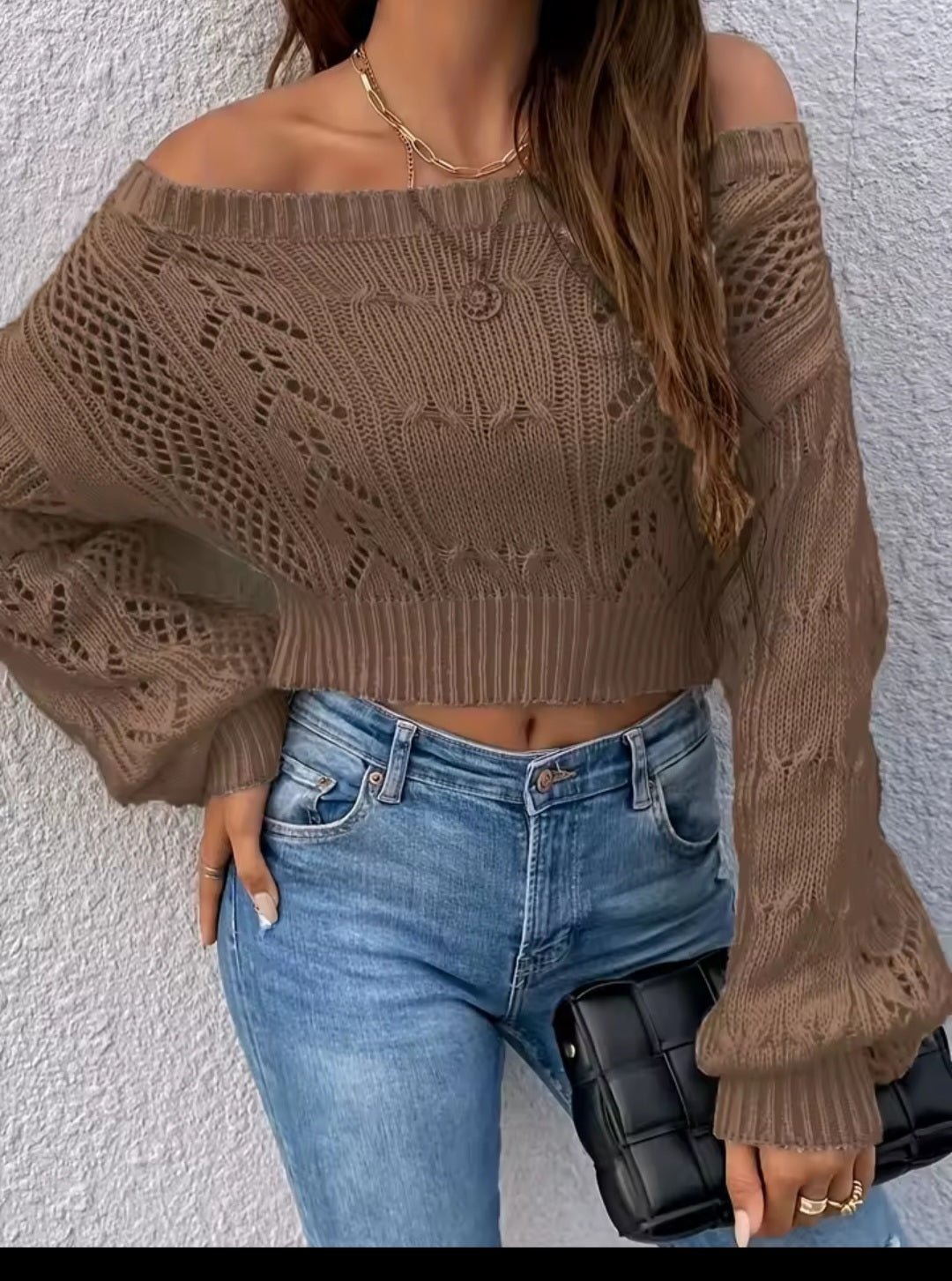 White Off-Shoulder Crochet Crop Sweater - GLITCH-BELLE