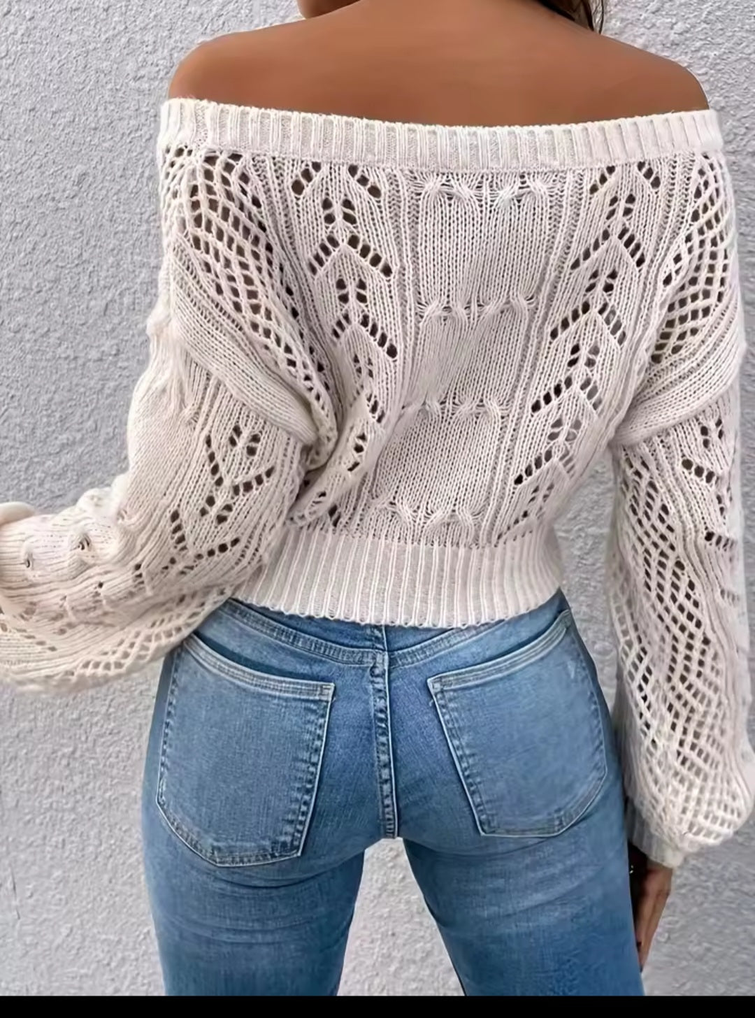 White Off-Shoulder Crochet Crop Sweater - GLITCH-BELLE