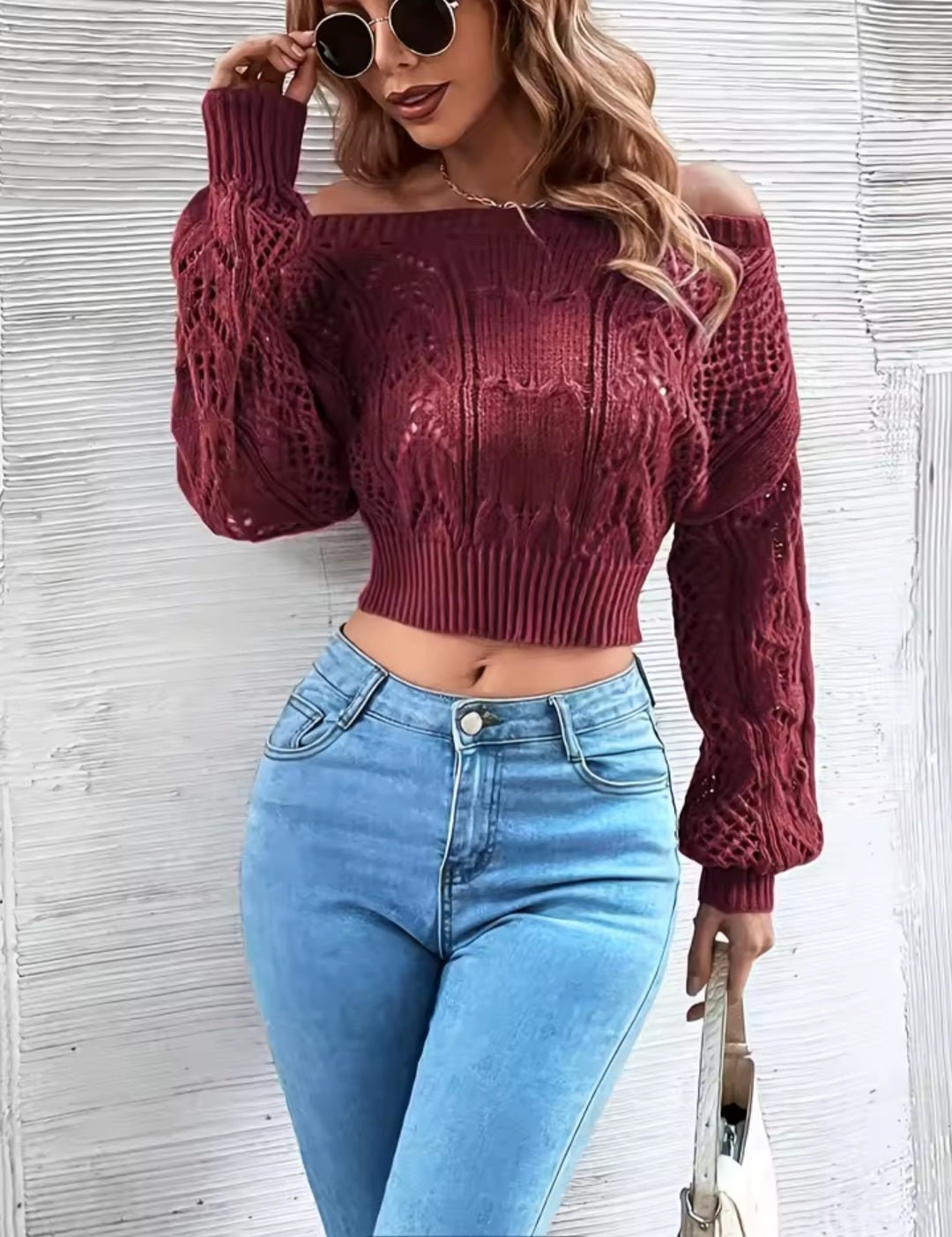 White Off-Shoulder Crochet Crop Sweater - GLITCH-BELLE