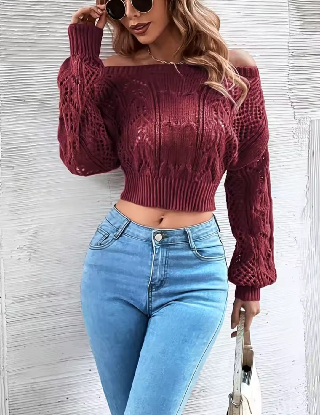 White Off-Shoulder Crochet Crop Sweater - GLITCH-BELLE