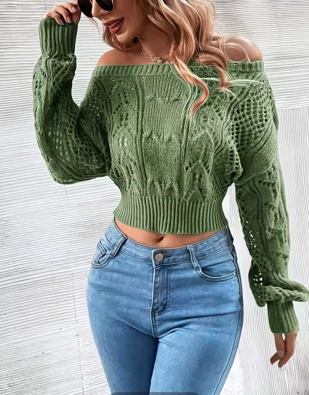 White Off-Shoulder Crochet Crop Sweater - GLITCH-BELLE