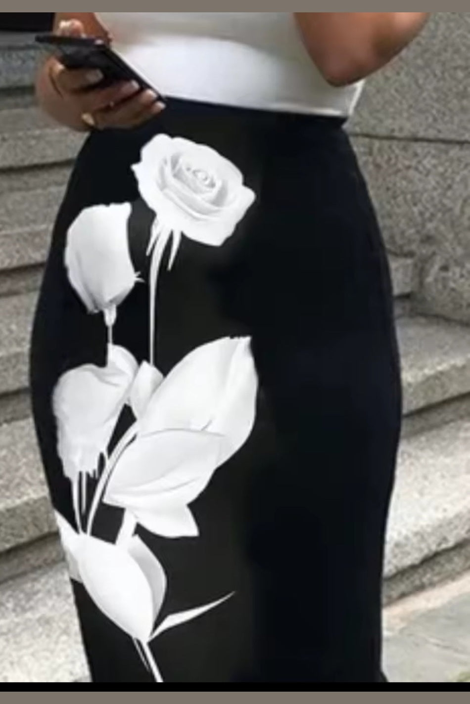 White Rose Print High Waist Midi Pencil Skirt - GLITCH-BELLE