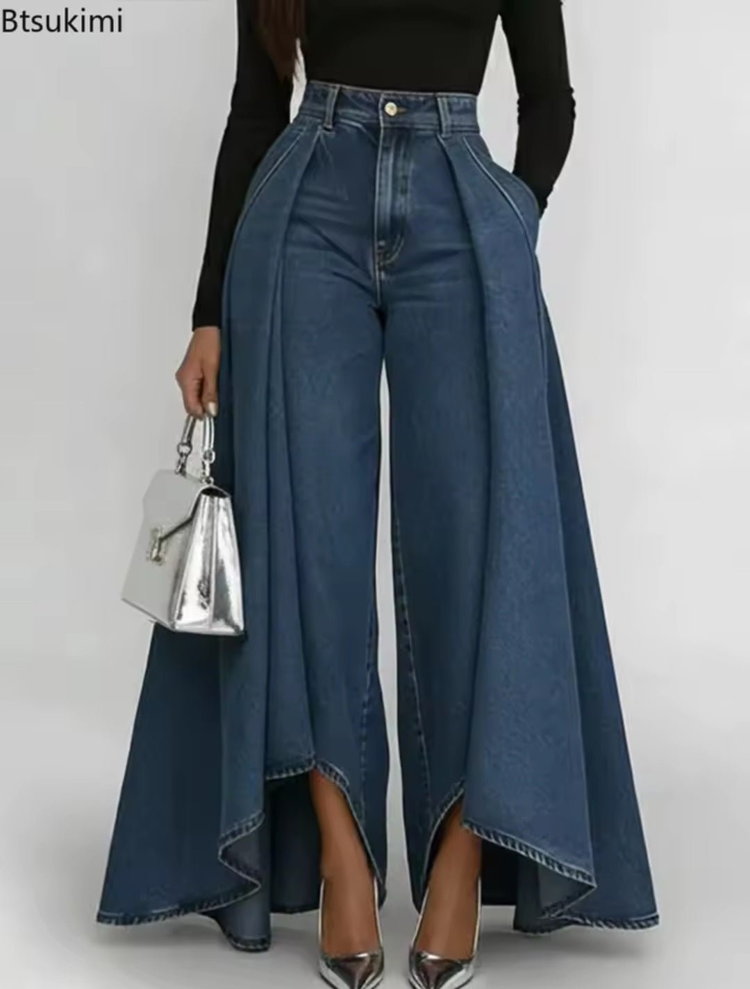 Wide - Leg Flowy Denim Maxi Pants - GLITCH - BELLE