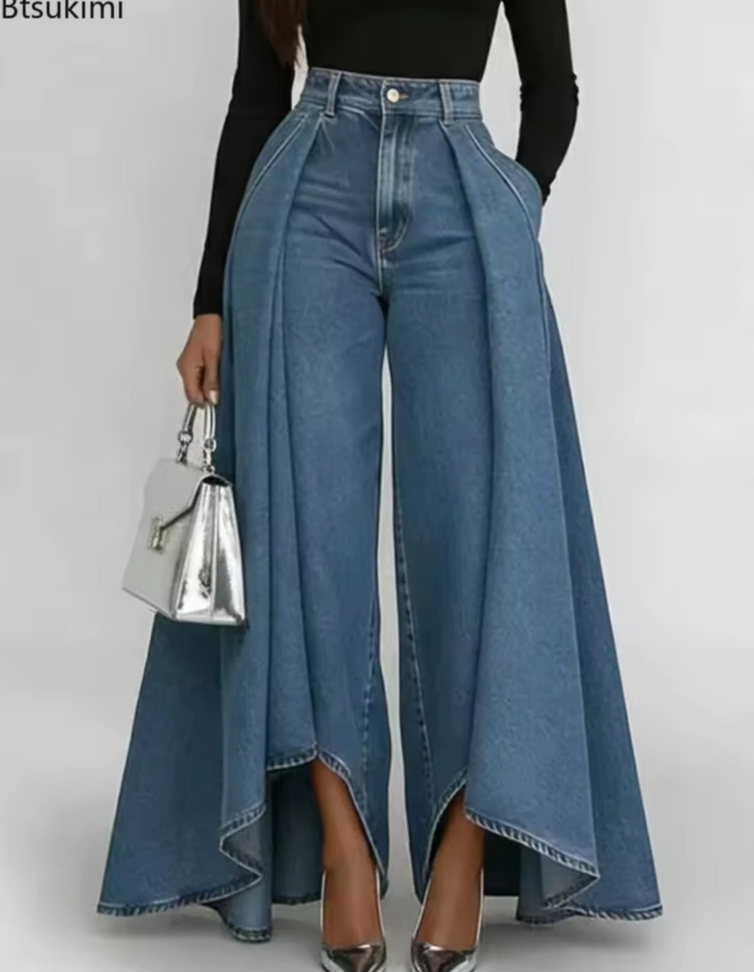 Wide - Leg Flowy Denim Maxi Pants - GLITCH - BELLE