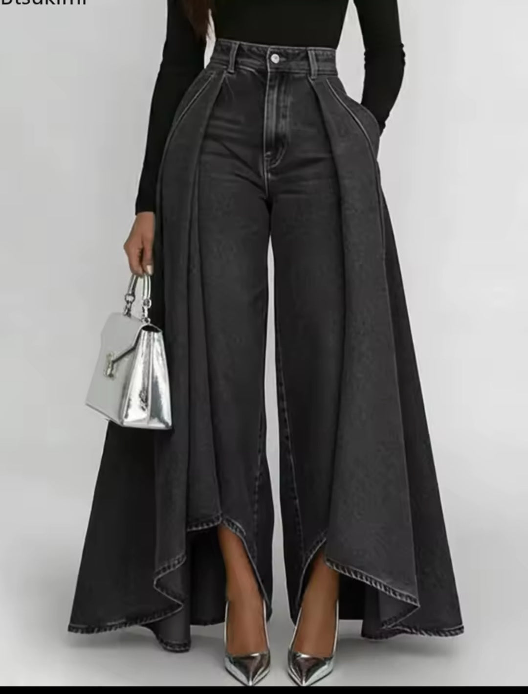 Wide - Leg Flowy Denim Maxi Pants - GLITCH - BELLE
