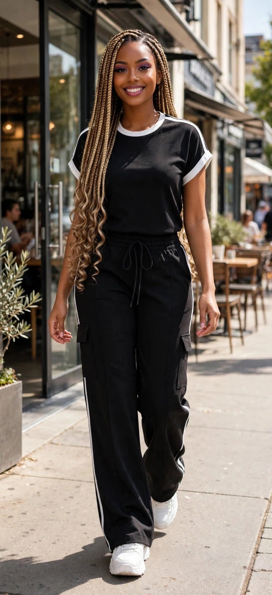 Women's Casual 2-Piece Set – Round Neck Tee & Striped Cargo Pants - GLITCH-BELLE
