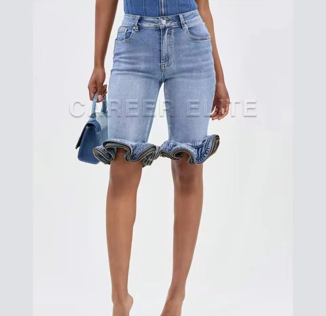Women's High-Waisted Ruffled Hem Knee-Length Denim Shorts - GLITCH-BELLE