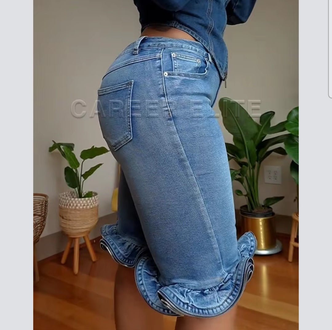 Women's High-Waisted Ruffled Hem Knee-Length Denim Shorts - GLITCH-BELLE
