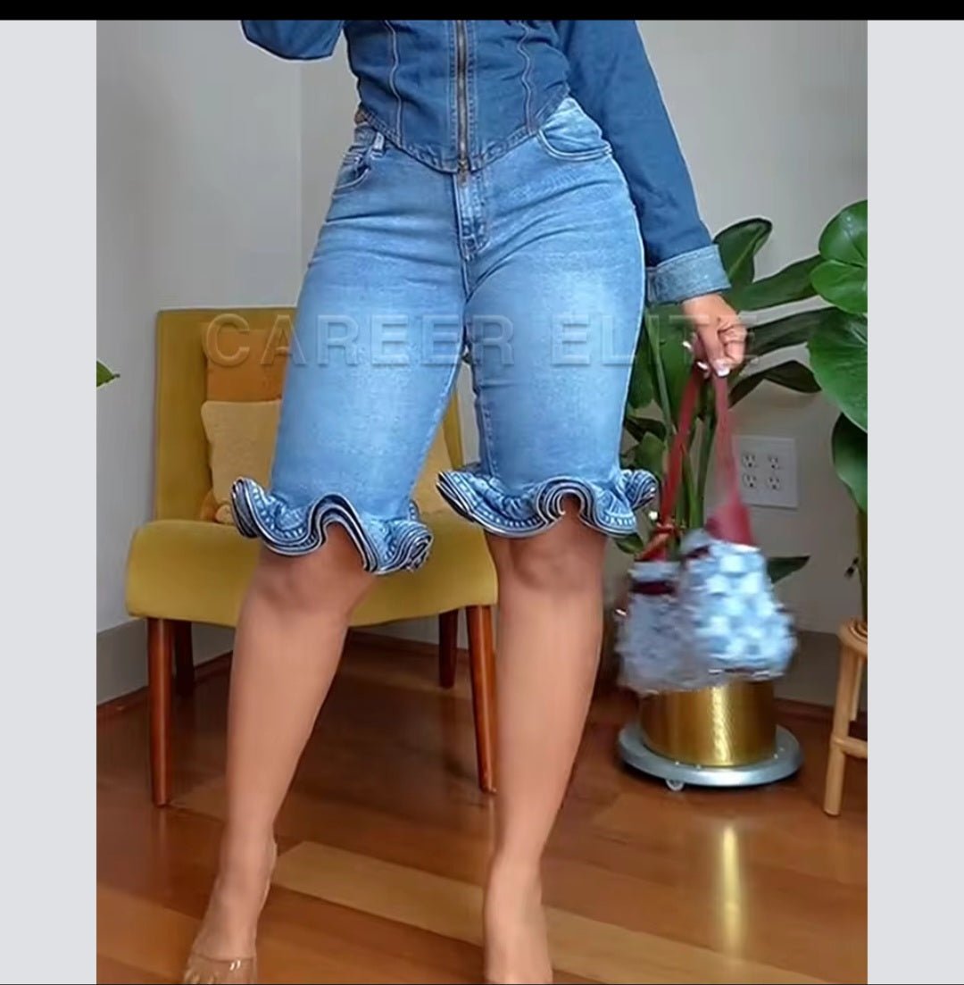 Women's High-Waisted Ruffled Hem Knee-Length Denim Shorts - GLITCH-BELLE