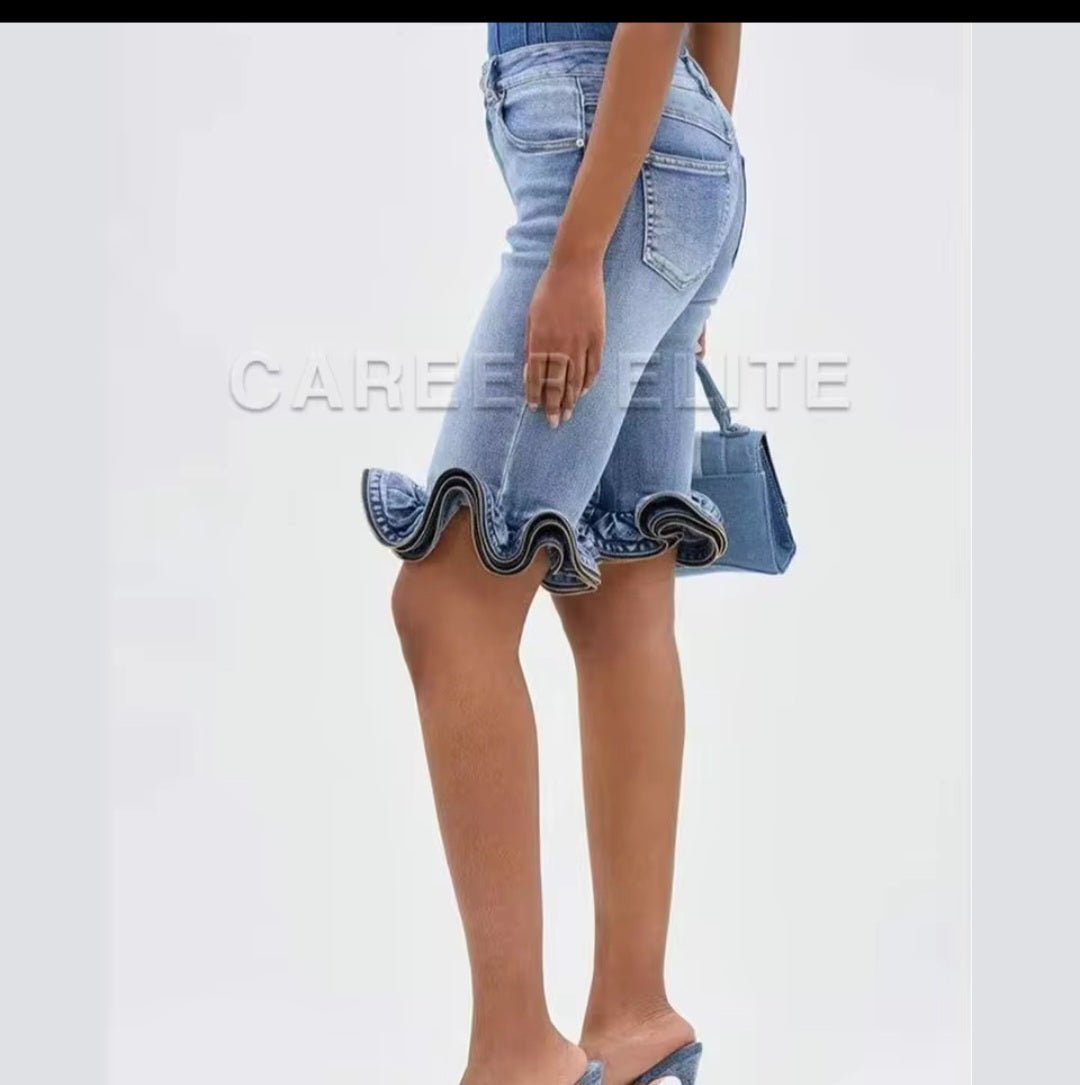 Women's High-Waisted Ruffled Hem Knee-Length Denim Shorts - GLITCH-BELLE