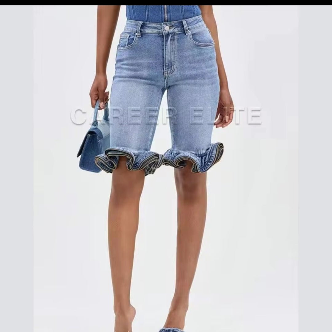 Women's High-Waisted Ruffled Hem Knee-Length Denim Shorts - GLITCH-BELLE