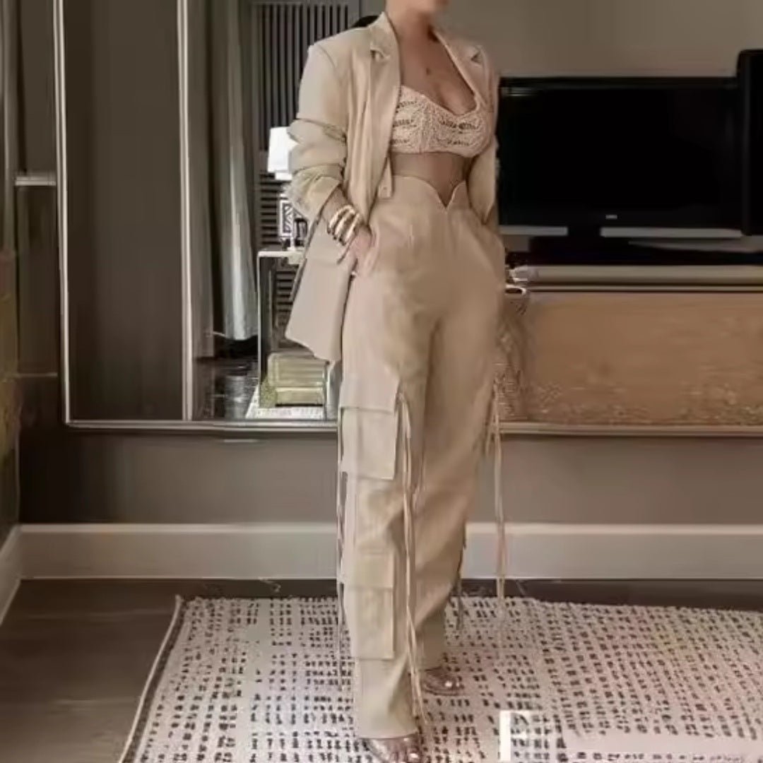 Women's Long Sleeve Blazer Suit & Wide Leg Cargo Pants Two - Piece Set - GLITCH - BELLE
