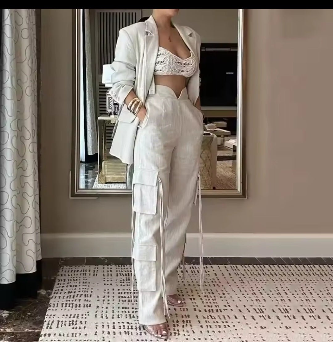 Women's Long Sleeve Blazer Suit & Wide Leg Cargo Pants Two - Piece Set - GLITCH - BELLE