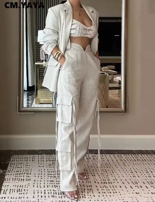 Women's Long Sleeve Blazer Suit & Wide Leg Cargo Pants Two - Piece Set - GLITCH - BELLE