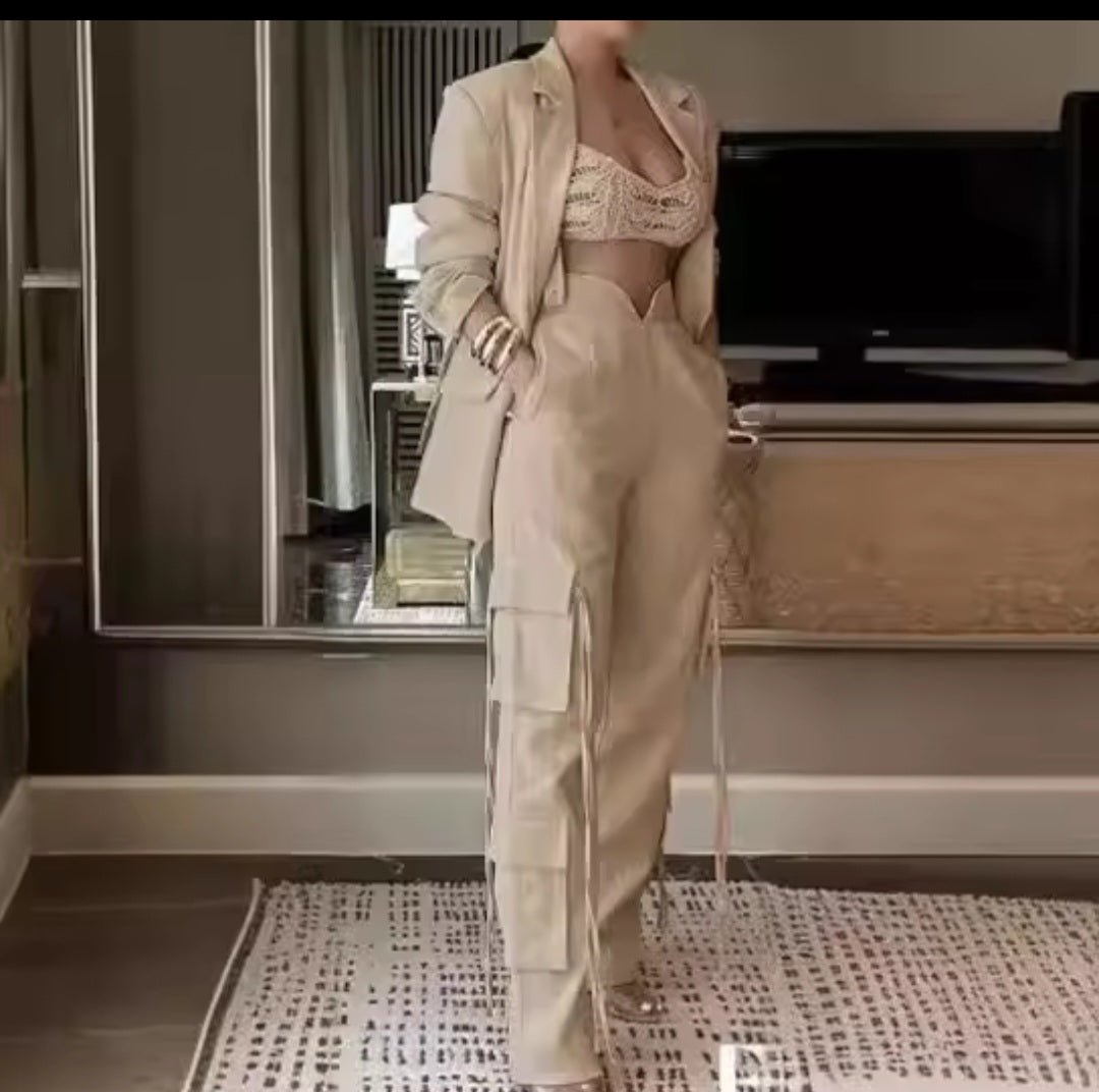 Women's Long Sleeve Blazer Suit & Wide Leg Cargo Pants Two - Piece Set - GLITCH - BELLE