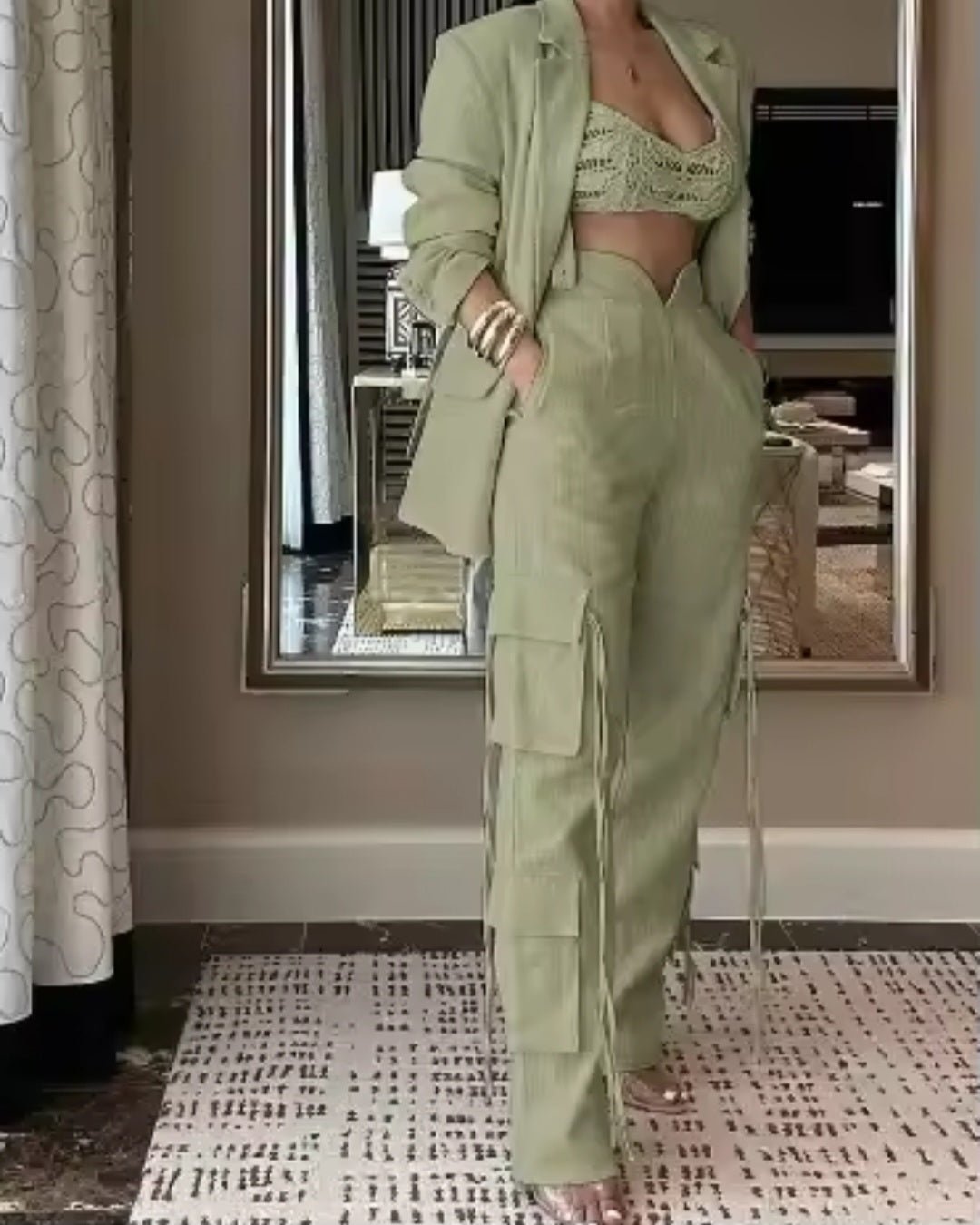 Women's Long Sleeve Blazer Suit & Wide Leg Cargo Pants Two - Piece Set - GLITCH - BELLE