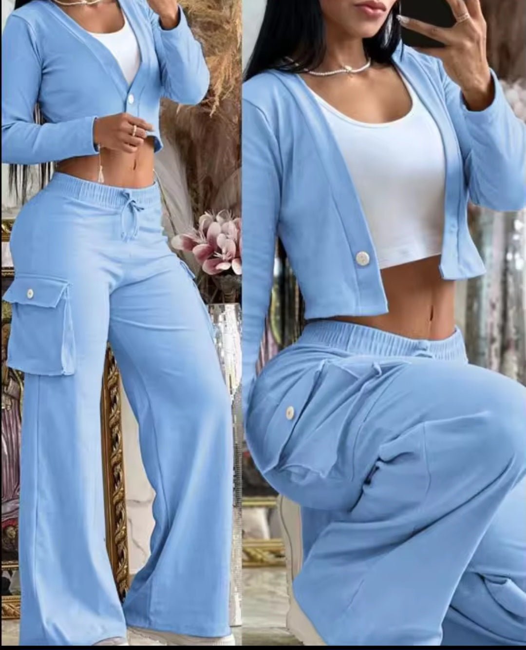 Women's Solid Color Crop Top & Cargo Pants Set - GLITCH - BELLE