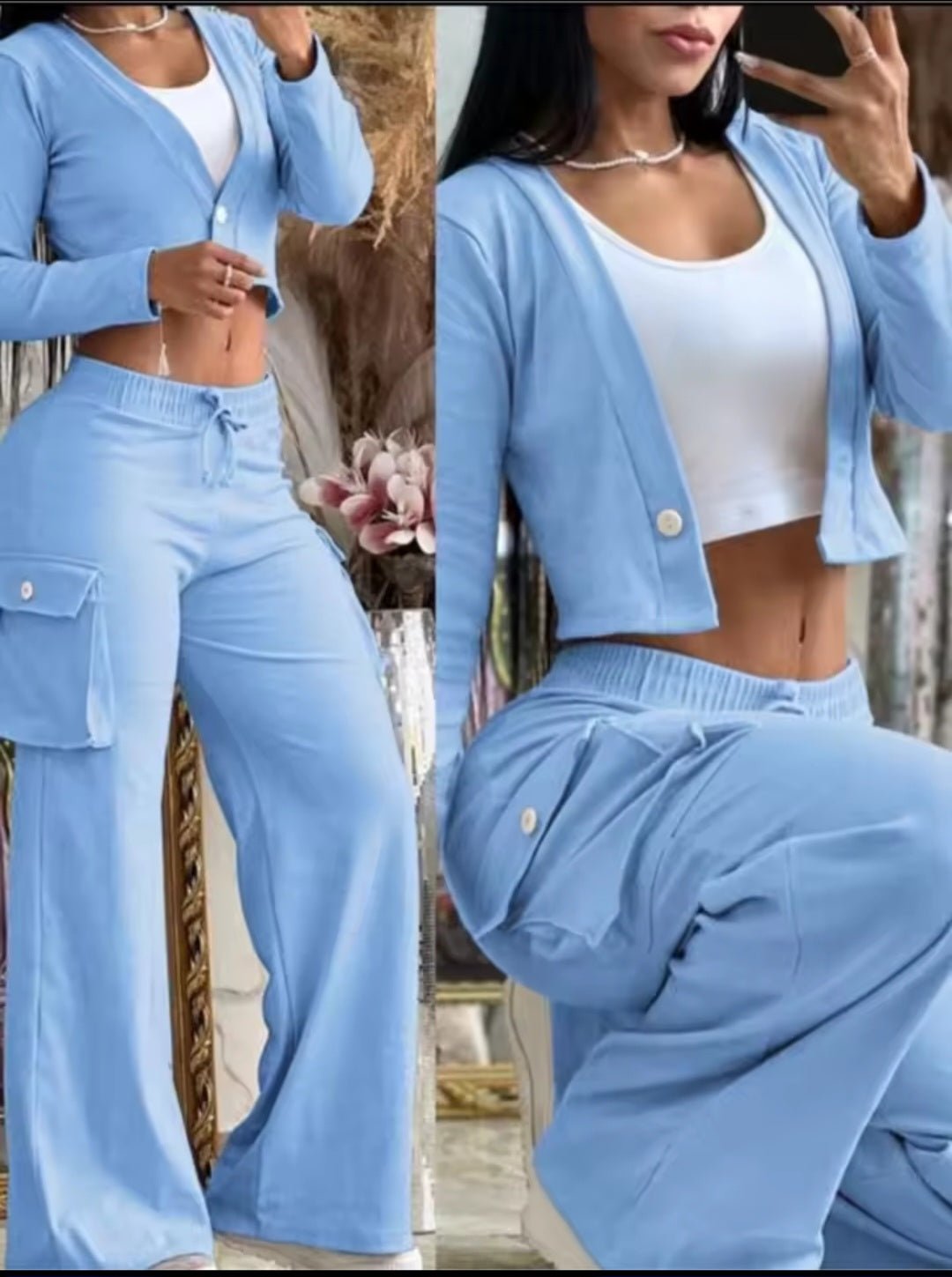 Women's Solid Color Crop Top & Cargo Pants Set - GLITCH - BELLE