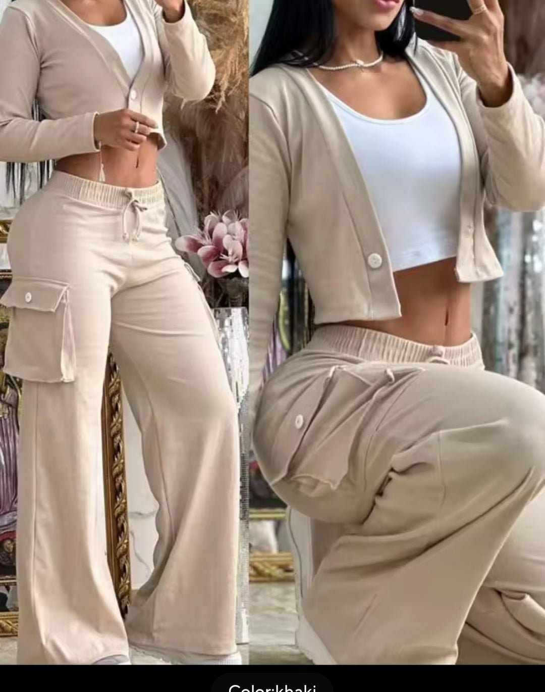 Women's Solid Color Crop Top & Cargo Pants Set - GLITCH - BELLE