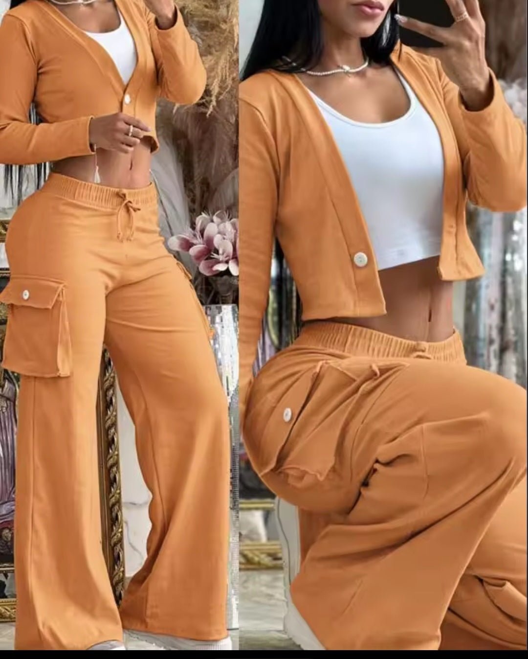 Women's Solid Color Crop Top & Cargo Pants Set - GLITCH - BELLE