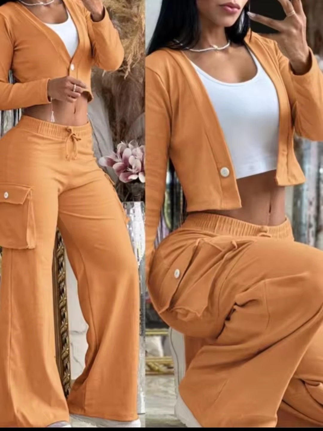Women's Solid Color Crop Top & Cargo Pants Set - GLITCH - BELLE
