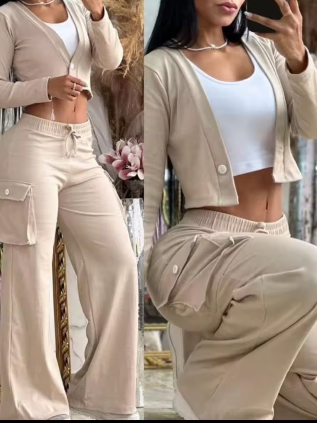 Women's Solid Color Crop Top & Cargo Pants Set - GLITCH - BELLE