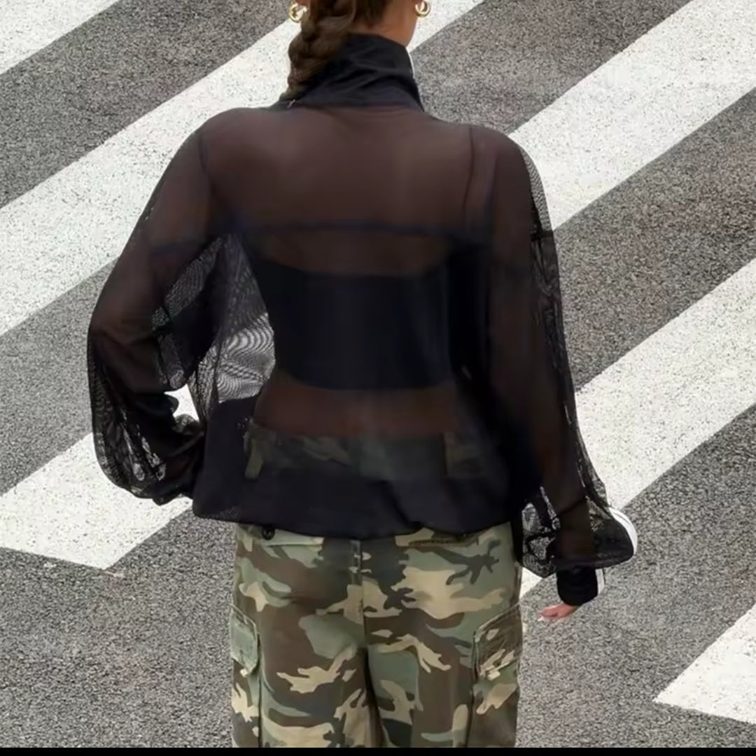 Y2K Sheer Mesh Frog Button Jacket – Stand Collar Side Stripe - GLITCH-BELLE