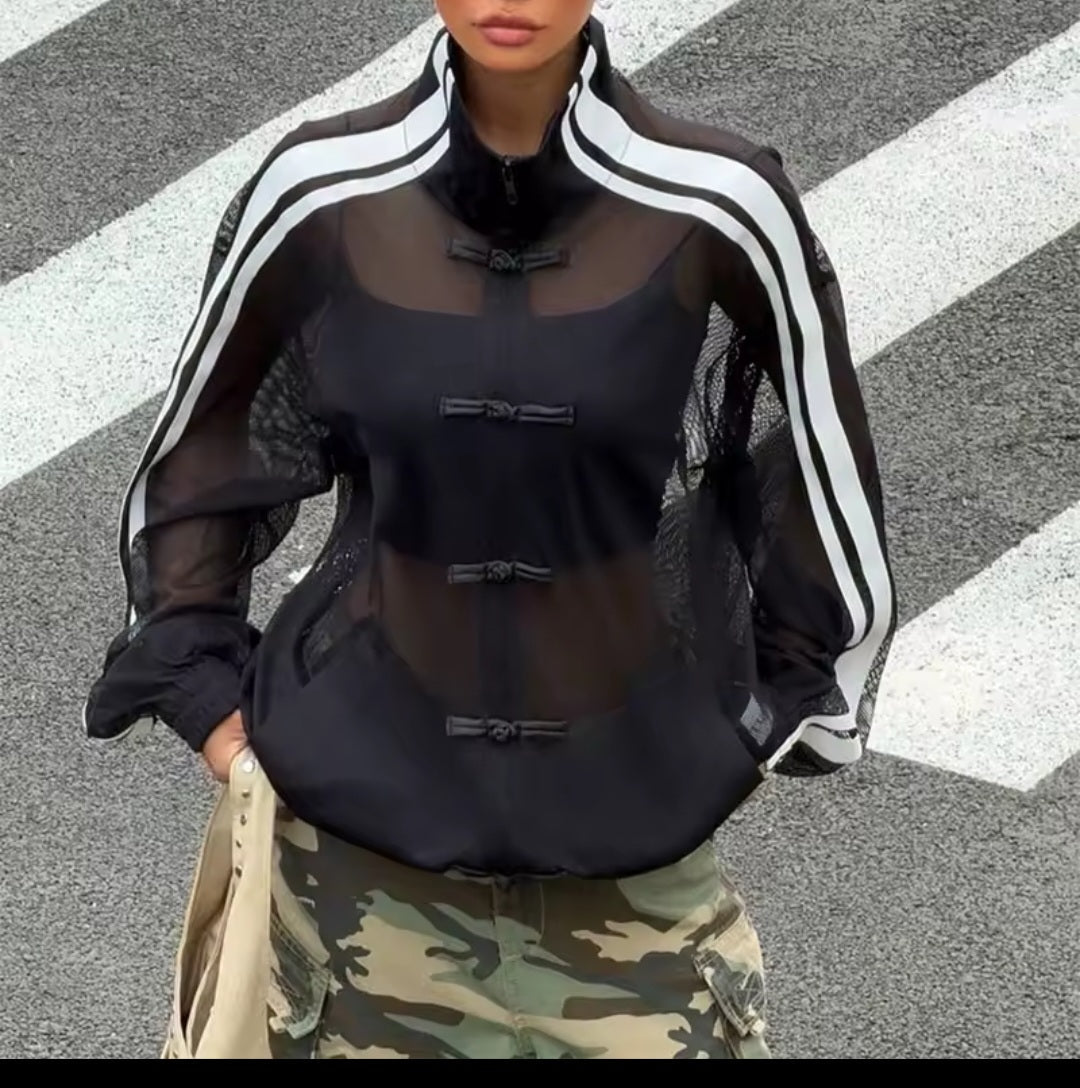 Y2K Sheer Mesh Frog Button Jacket – Stand Collar Side Stripe - GLITCH-BELLE