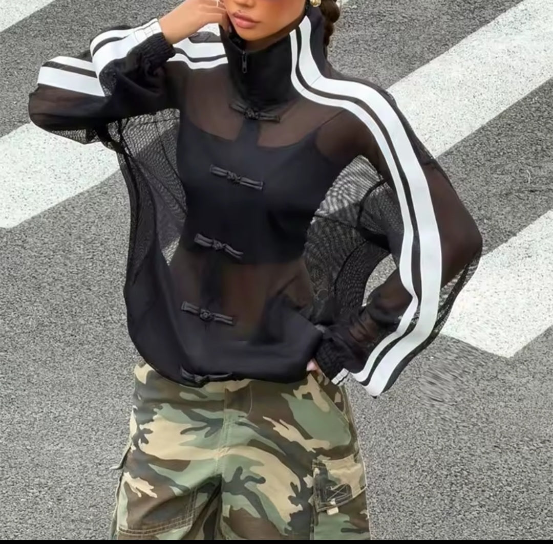 Y2K Sheer Mesh Frog Button Jacket – Stand Collar Side Stripe - GLITCH-BELLE